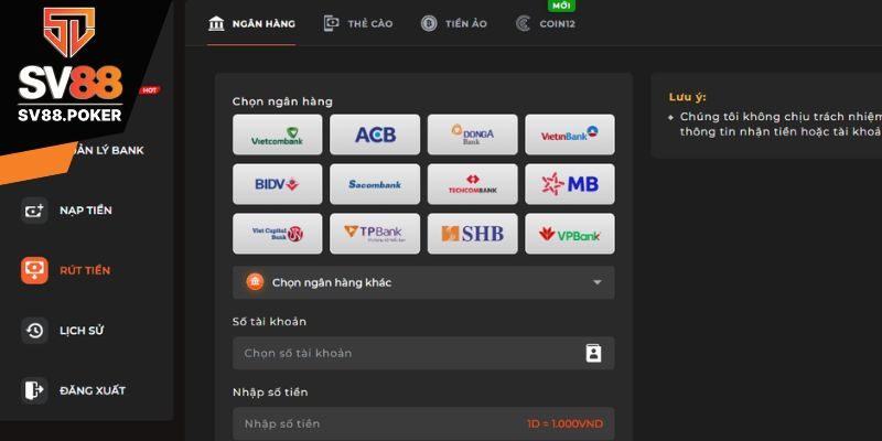 Cách rút tiền SV88 về thẻ ATM cá nhân