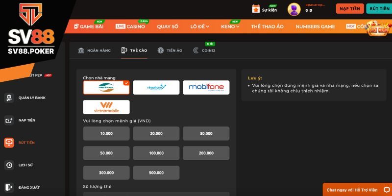 Rút tiền nhà cái SV88